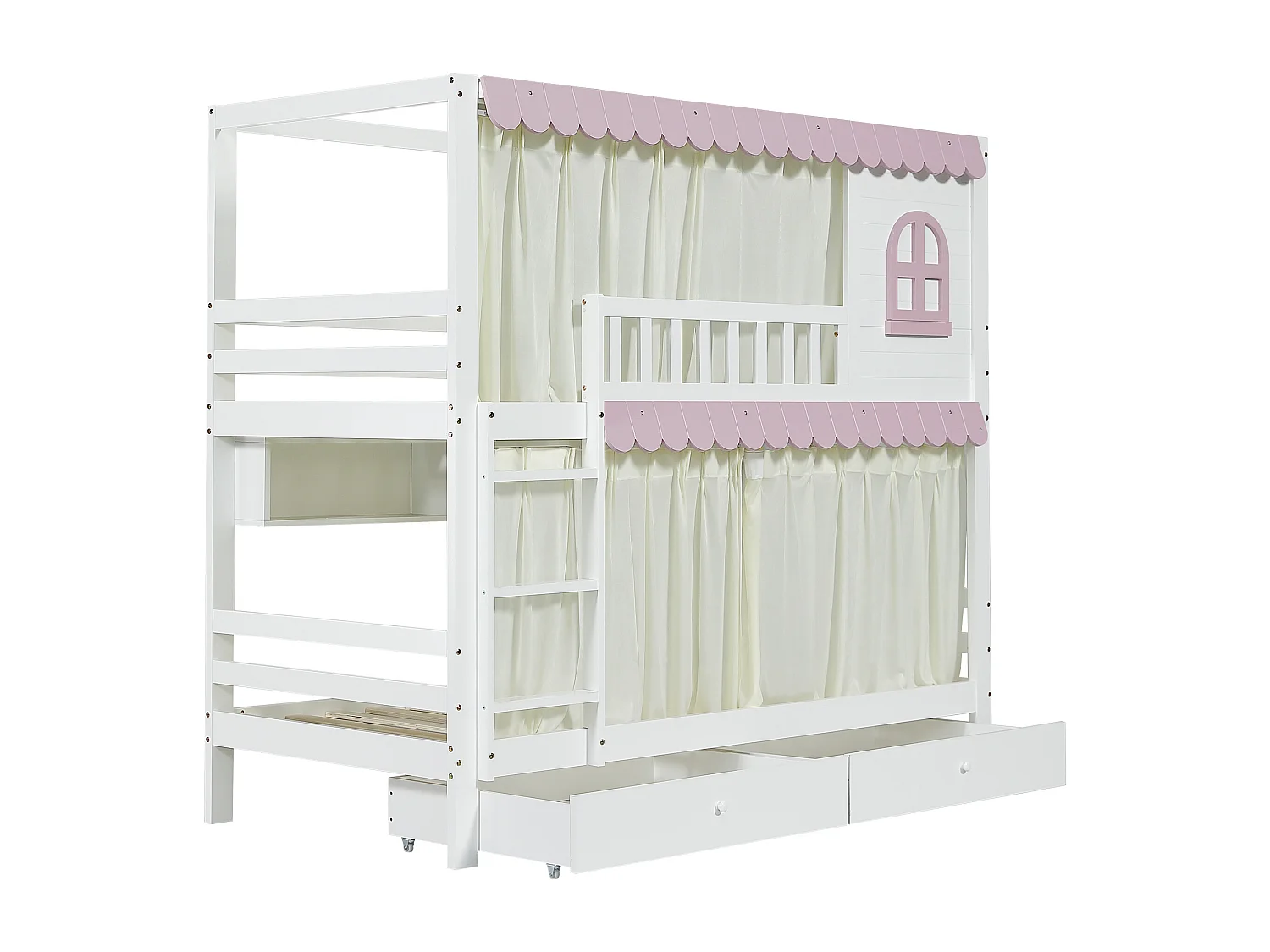 Houten stapelbed - 90x200 cm - met 2 lades en planken - Wit & Roze (met gordijnen)