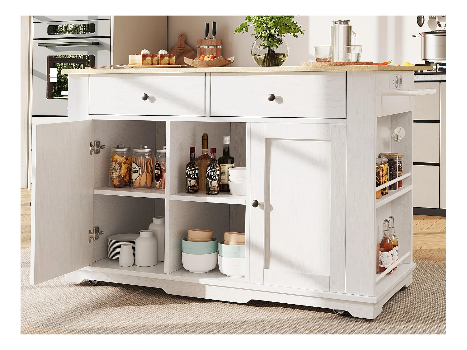 Ilot central de cuisine - chariot à roulette avec prises - avec plan extensible - 2 portes 2 tiroirs et 2 compartiments - Blanc