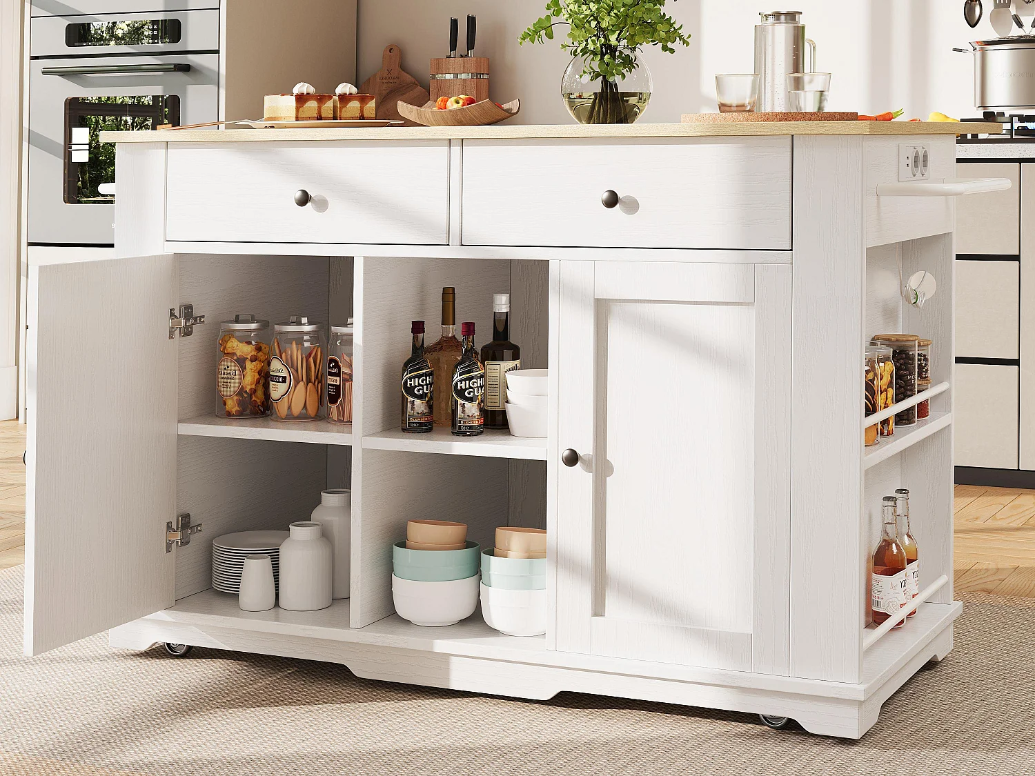 Isola centrale da cucina - carrello con ruote e prese - con piano estensibile - 2 porte 2 cassetti e 2 compartimenti - Bianco