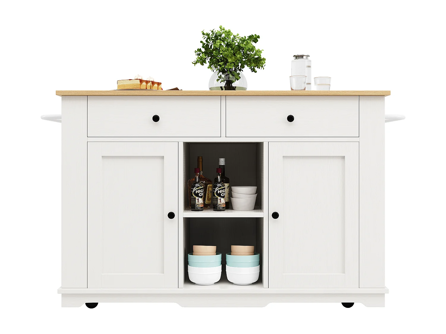 Isola centrale da cucina - carrello con ruote e prese - con piano estensibile - 2 porte 2 cassetti e 2 compartimenti - Bianco