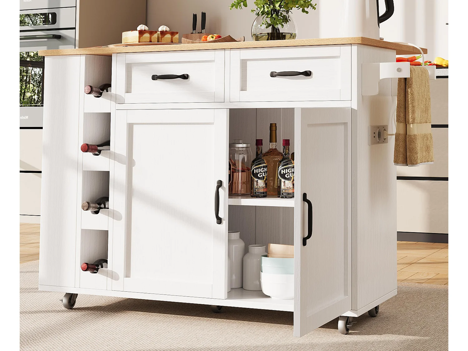 Isola centrale da cucina - carrello con ruote e prese - con piano estensibile - 2 porte 2 cassetti e portabottiglie - Bianco