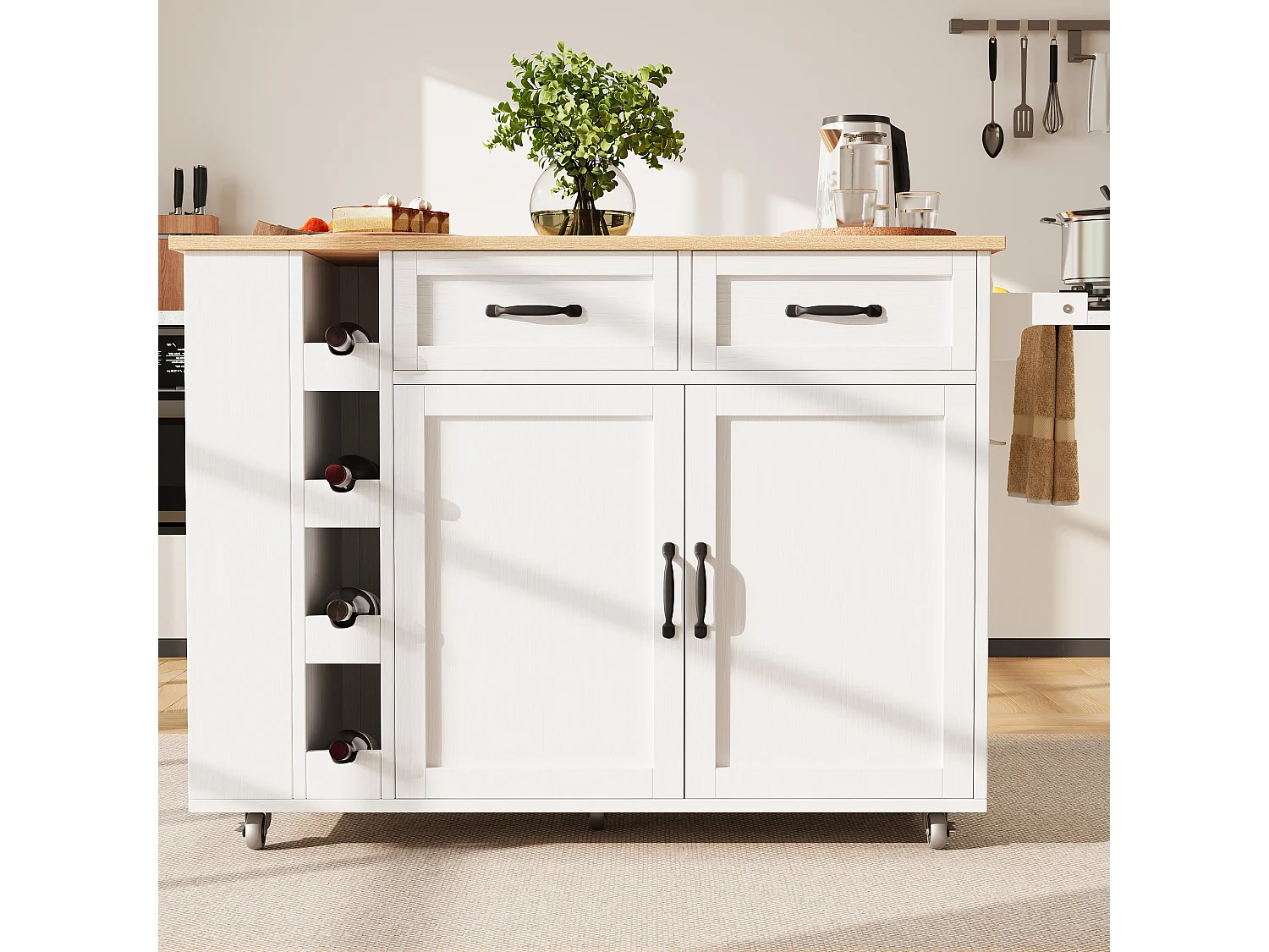 Isola centrale da cucina - carrello con ruote e prese - con piano estensibile - 2 porte 2 cassetti e portabottiglie - Bianco