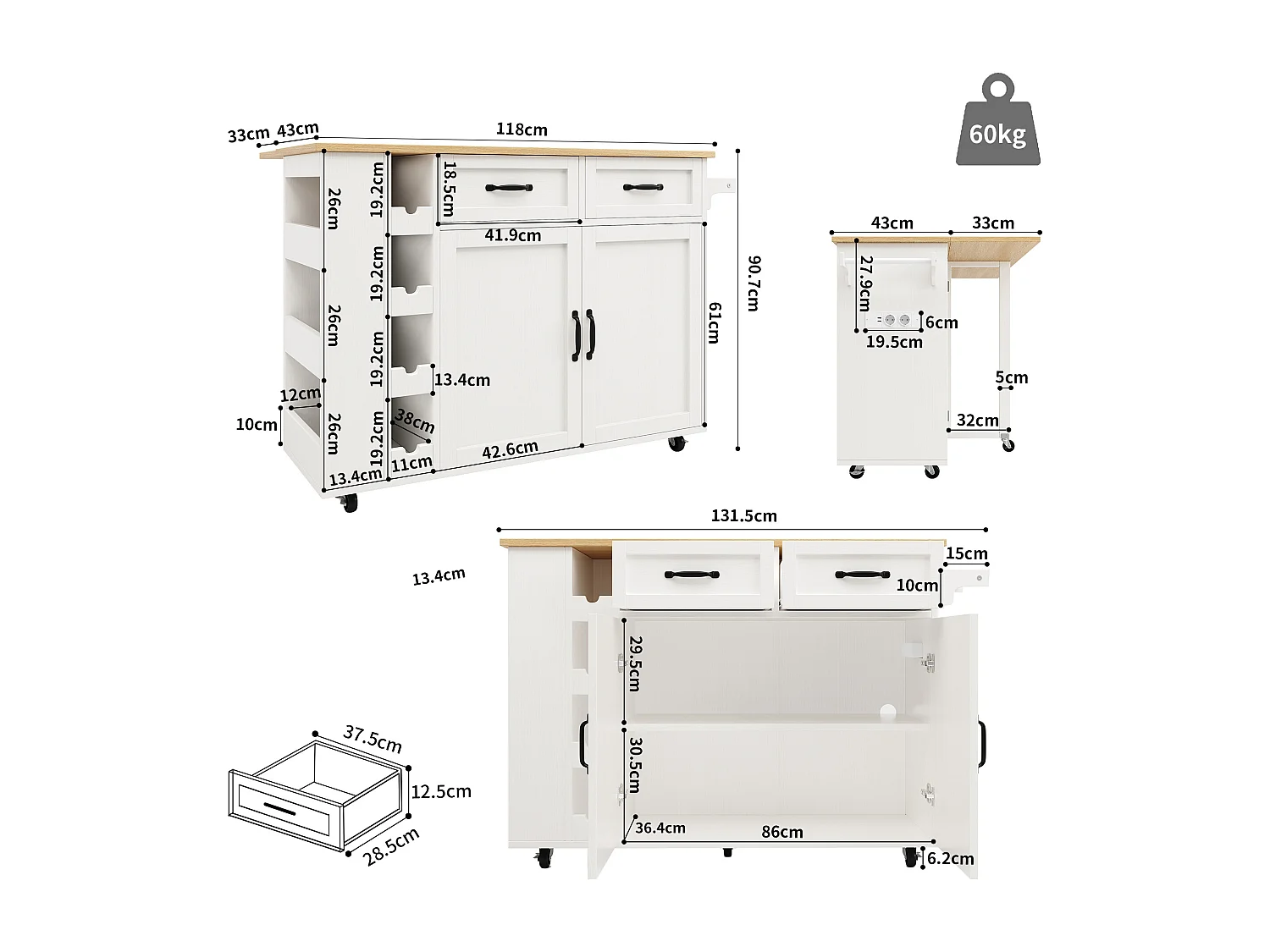 Isola centrale da cucina - carrello con ruote e prese - con piano estensibile - 2 porte 2 cassetti e portabottiglie - Bianco