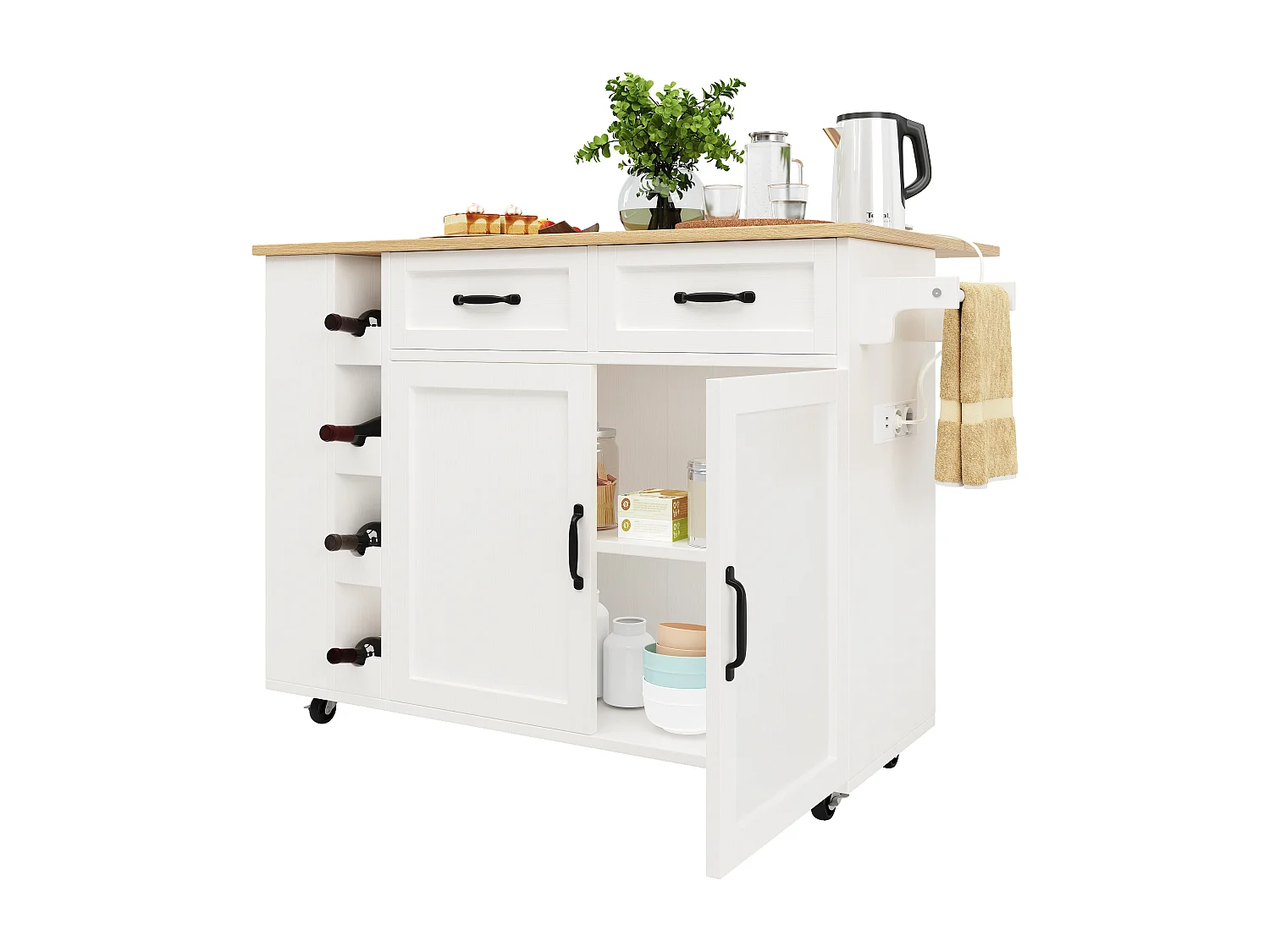 Isola centrale da cucina - carrello con ruote e prese - con piano estensibile - 2 porte 2 cassetti e portabottiglie - Bianco