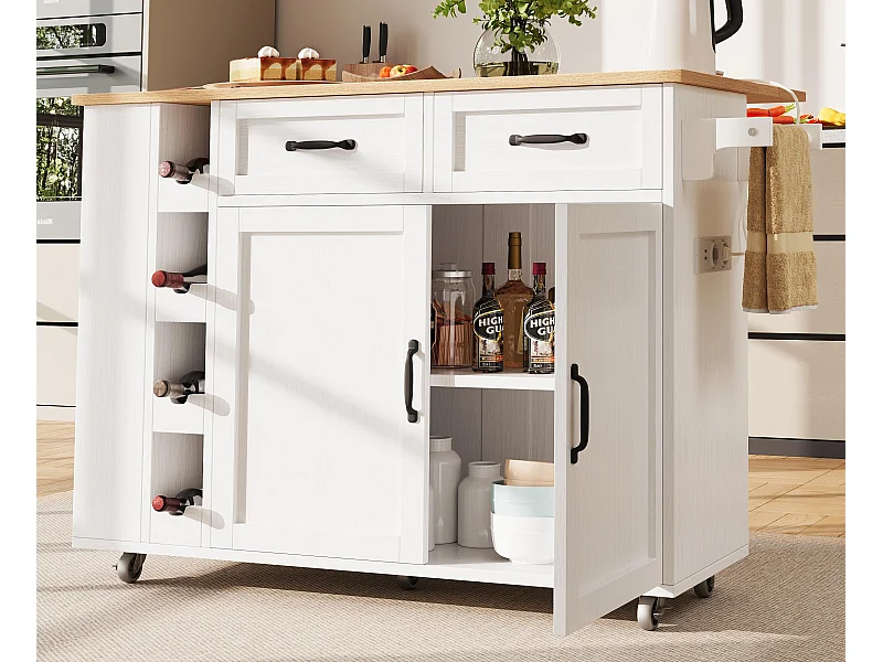 Ilot central de cuisine - chariot à roulette avec prises - avec plan extensible - 2 portes 2 tiroirs et casiers à vin - Blanc