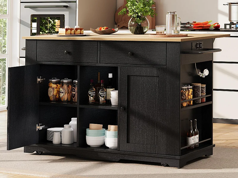 Isla central de cocina - carrito con ruedas y tomas - con plancha extensible - 2 puertas 2 cajones y 2 compartimentos - Negro