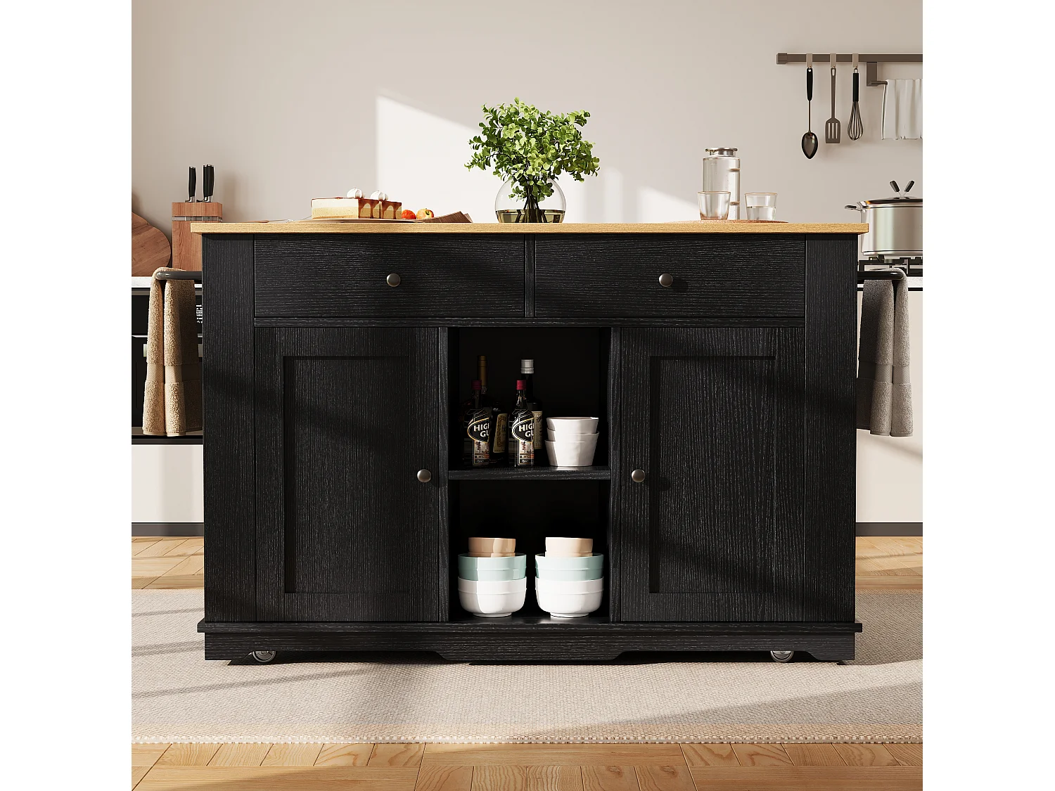 Isola centrale da cucina - carrello con ruote e prese - con piano estensibile - 2 porte 2 cassetti e 2 compartimenti - Nero