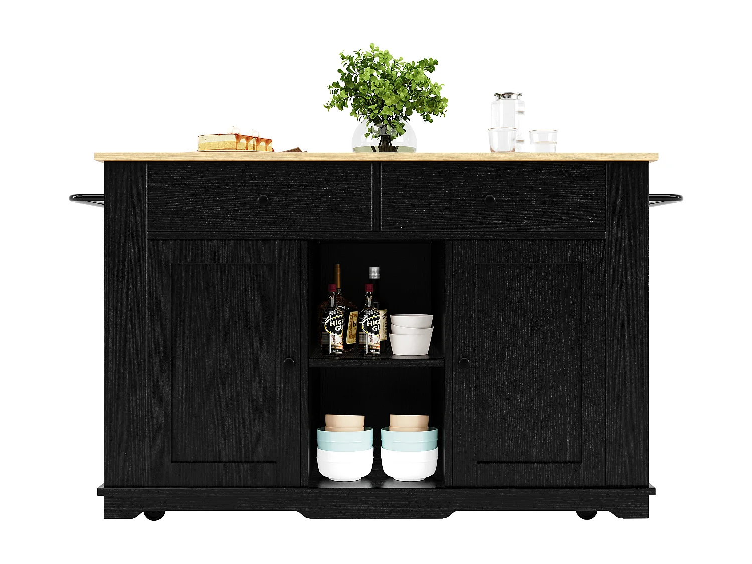 Isola centrale da cucina - carrello con ruote e prese - con piano estensibile - 2 porte 2 cassetti e 2 compartimenti - Nero