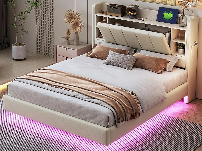 Gestoffeerd linnen bed 140x200 cm - met USB-aansluiting + LED - met metalen onderstel - Beige