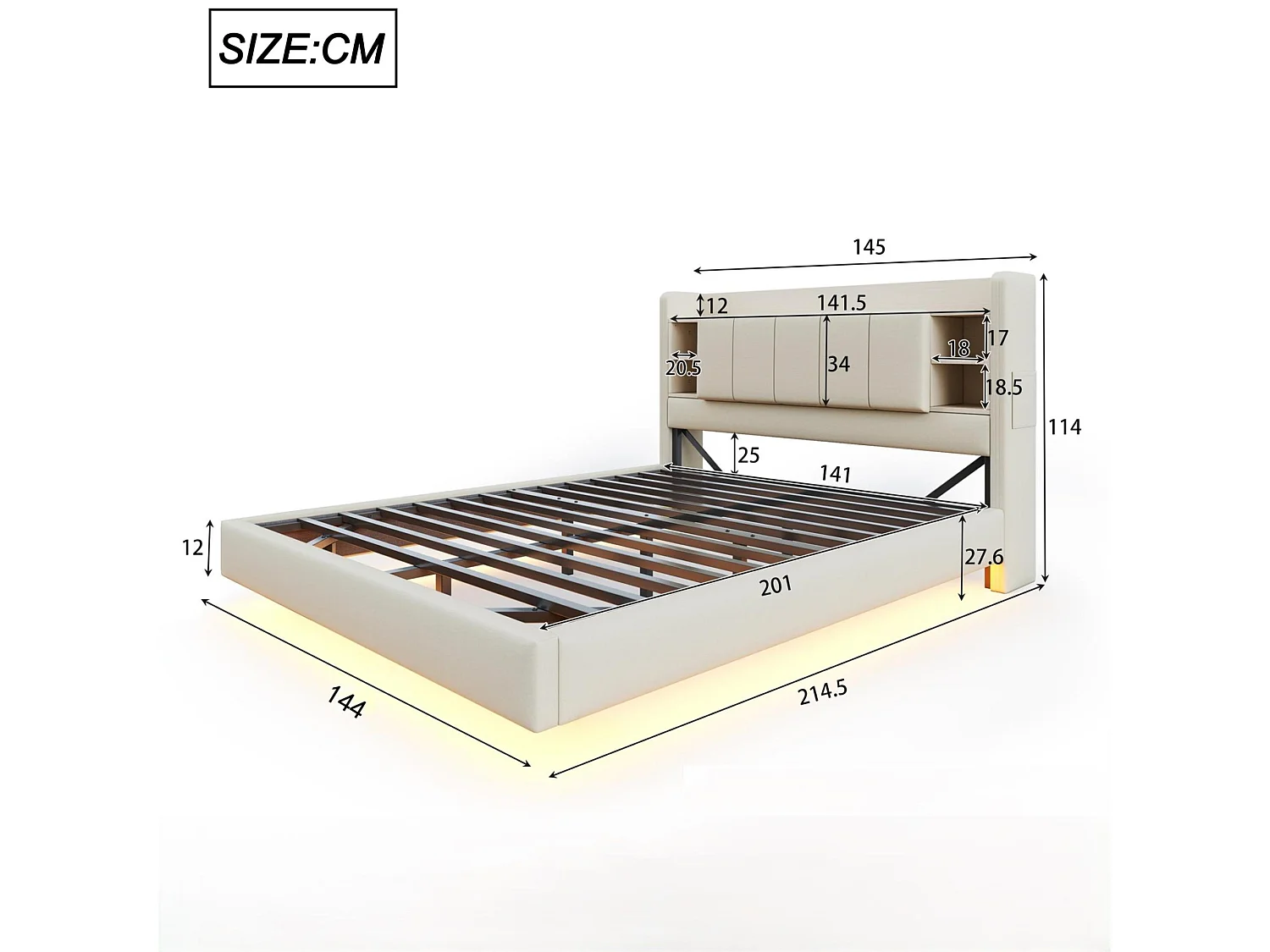 Cama estofada em linho 140x200 cm - com tomada USB + LED - com base metálica - Bege