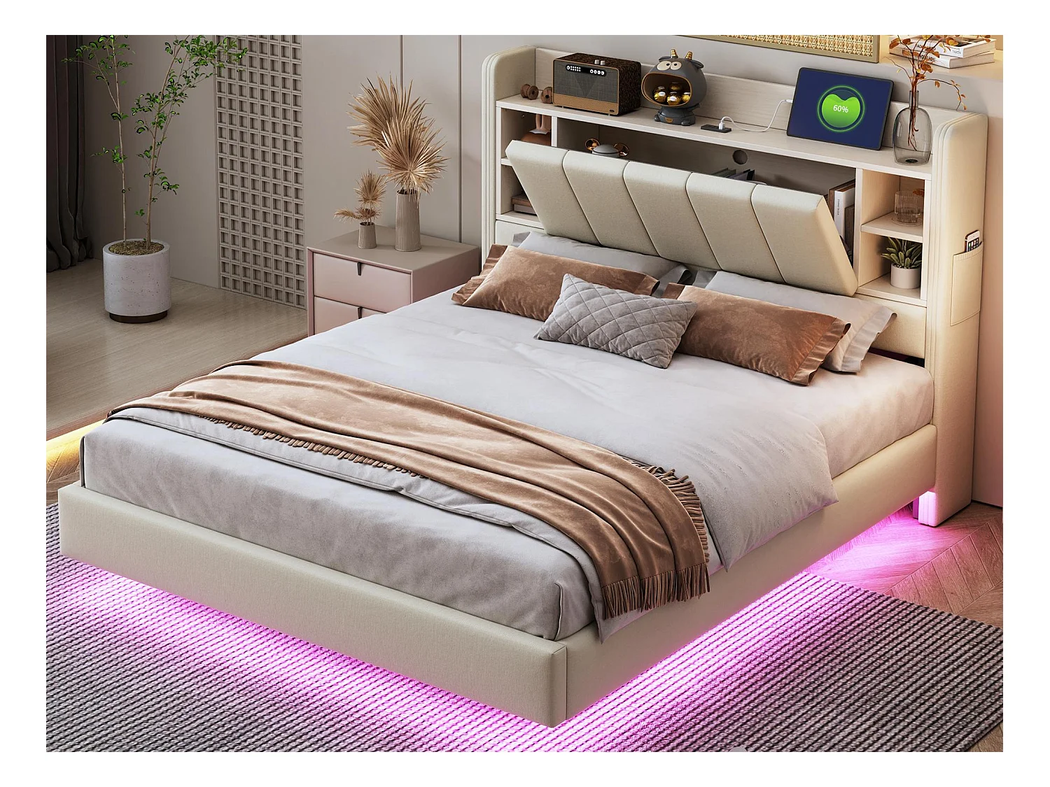 Gestoffeerd linnen bed 140x200 cm - met USB-aansluiting + LED - met metalen onderstel - Beige