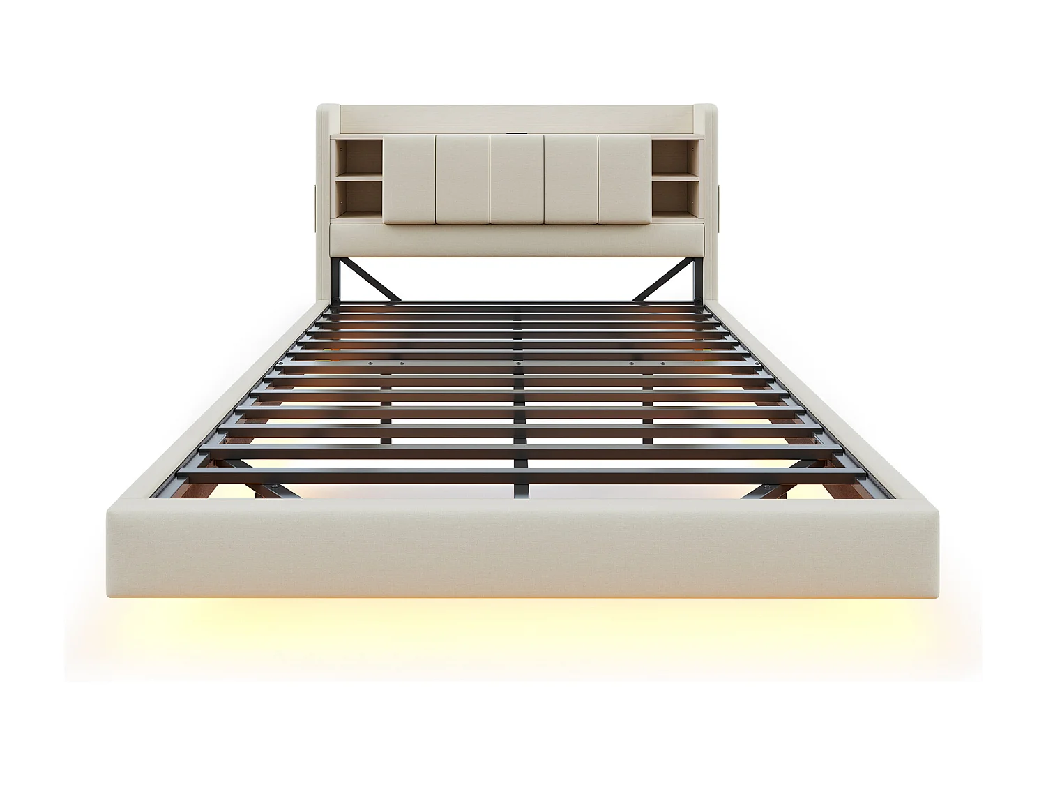 Lit capitonné en lin 140x200 cm - avec prise USB + LED - avec sommier en métal - Beige