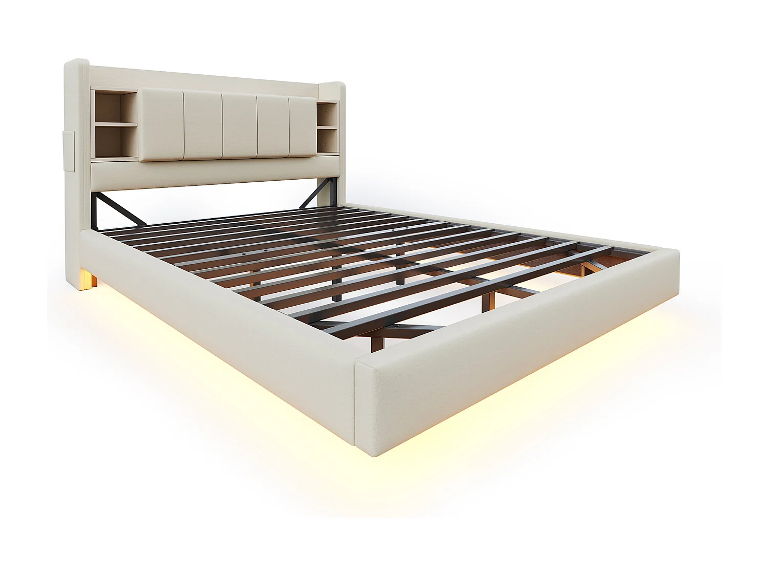 Lit capitonné en lin 140x200 cm - avec prise USB + LED - avec sommier en métal - Beige