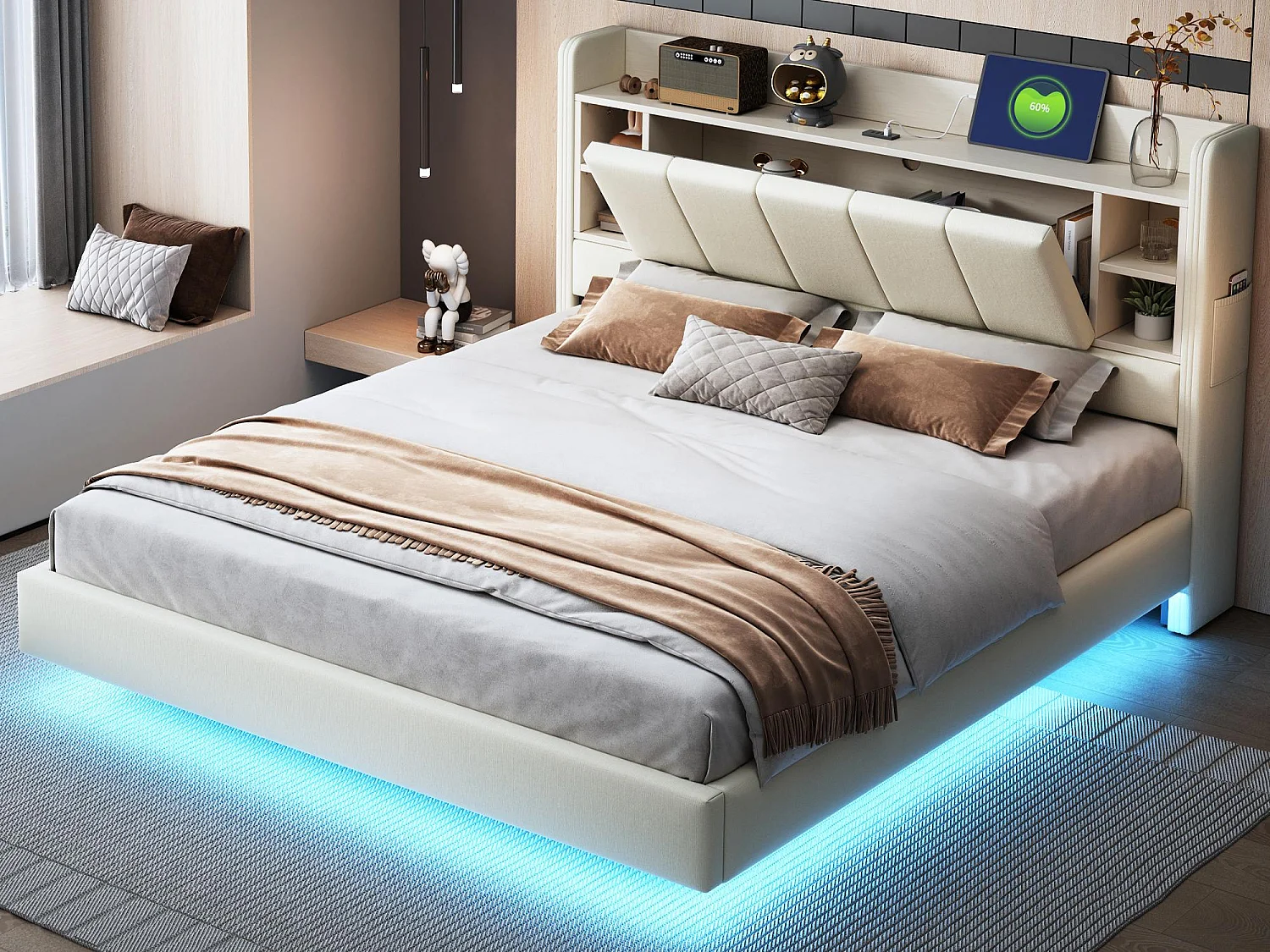 Lit capitonné en lin 160x200 cm - avec prise USB + LED - avec sommier en métal - Beige