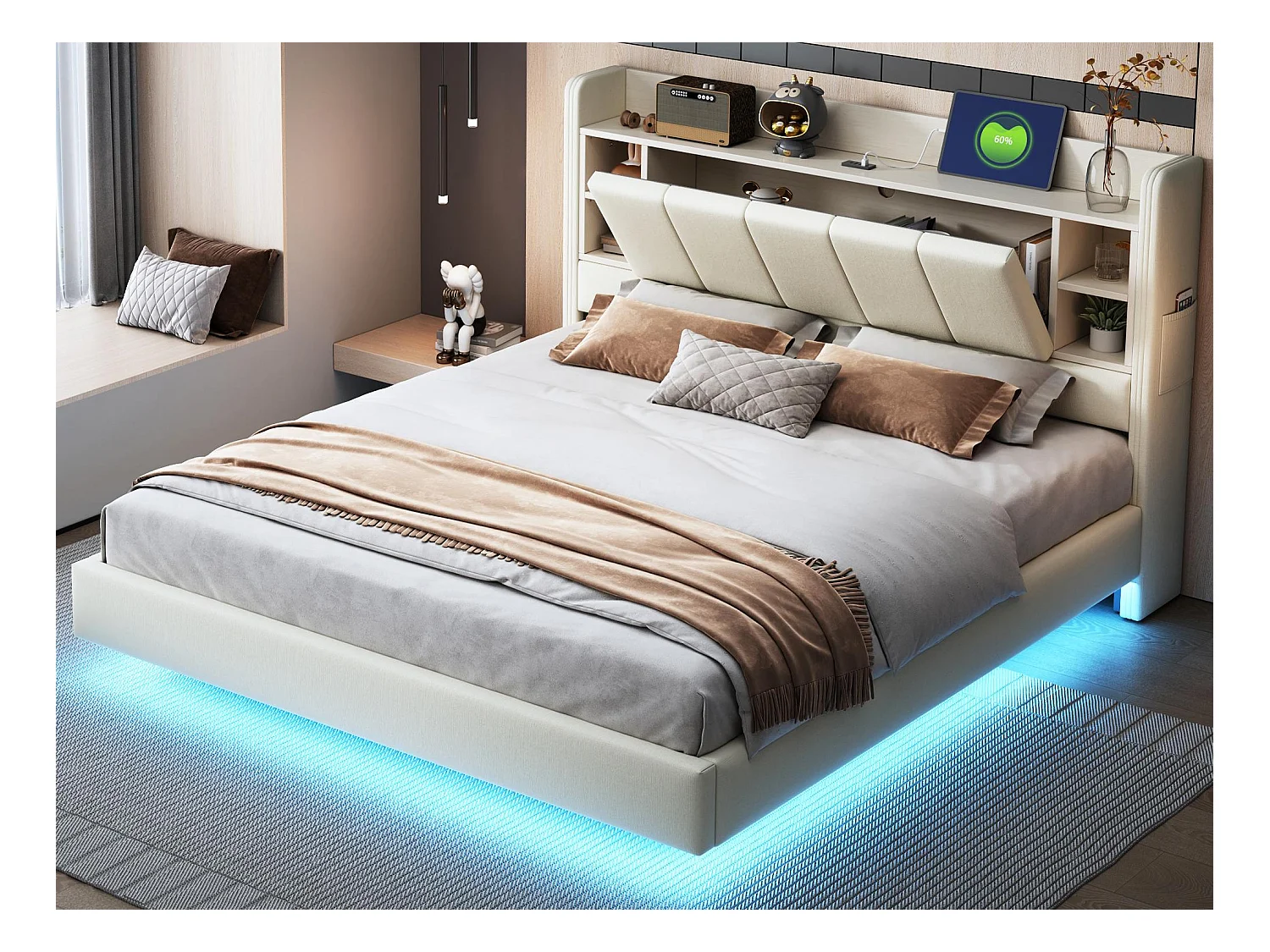 Gestoffeerd linnen bed 160x200 cm - met USB-aansluiting + LED - met metalen onderstel - Beige