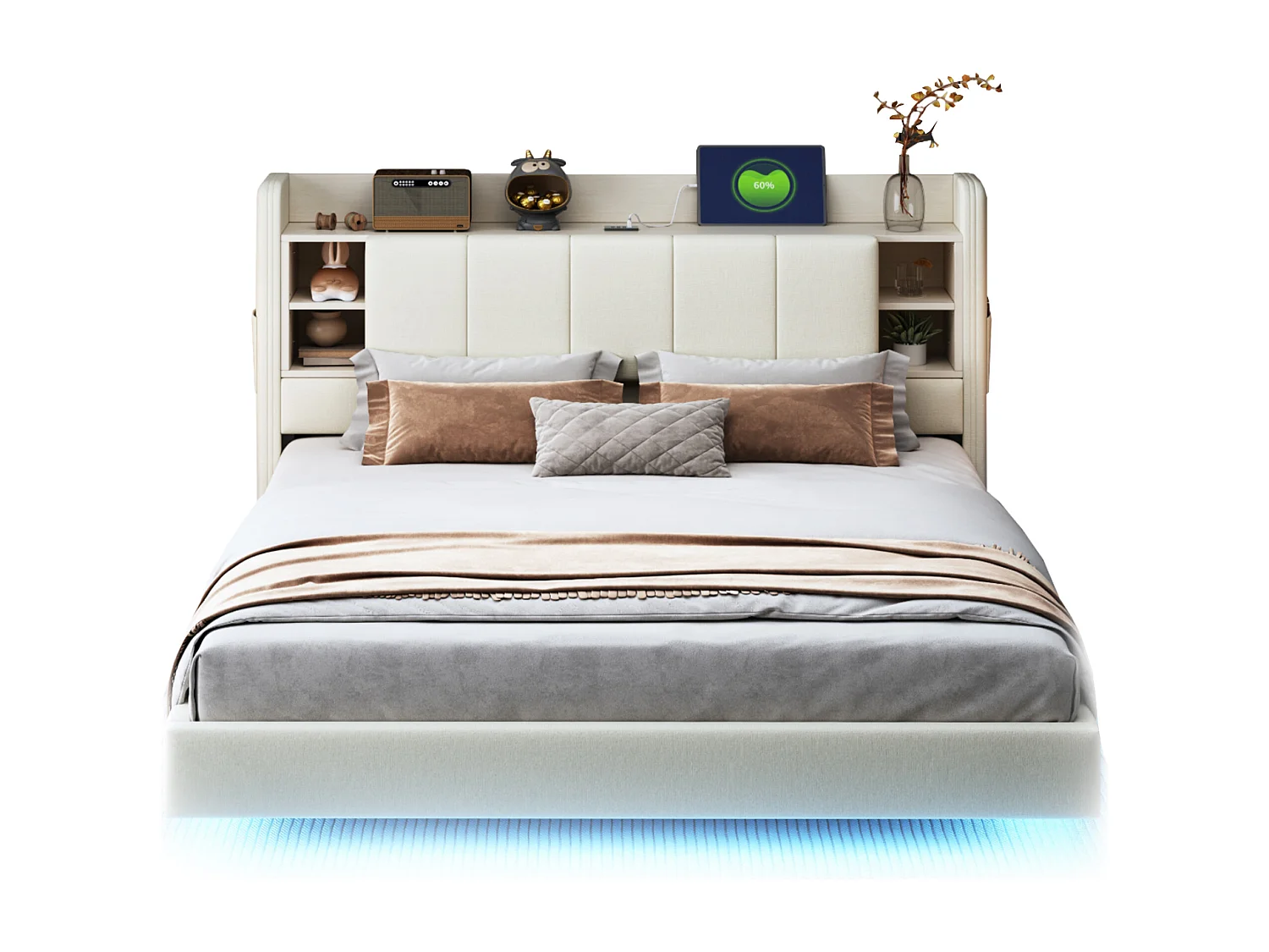 Lit capitonné en lin 160x200 cm - avec prise USB + LED - avec sommier en métal - Beige