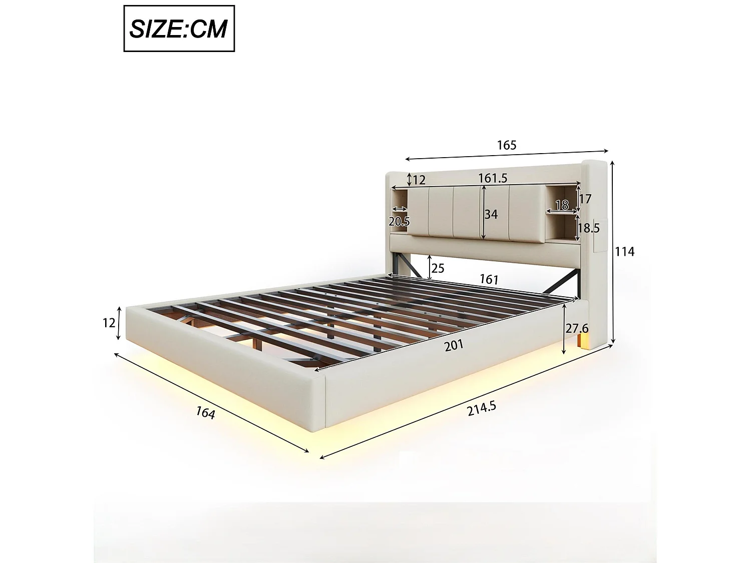 Lit capitonné en lin 160x200 cm - avec prise USB + LED - avec sommier en métal - Beige
