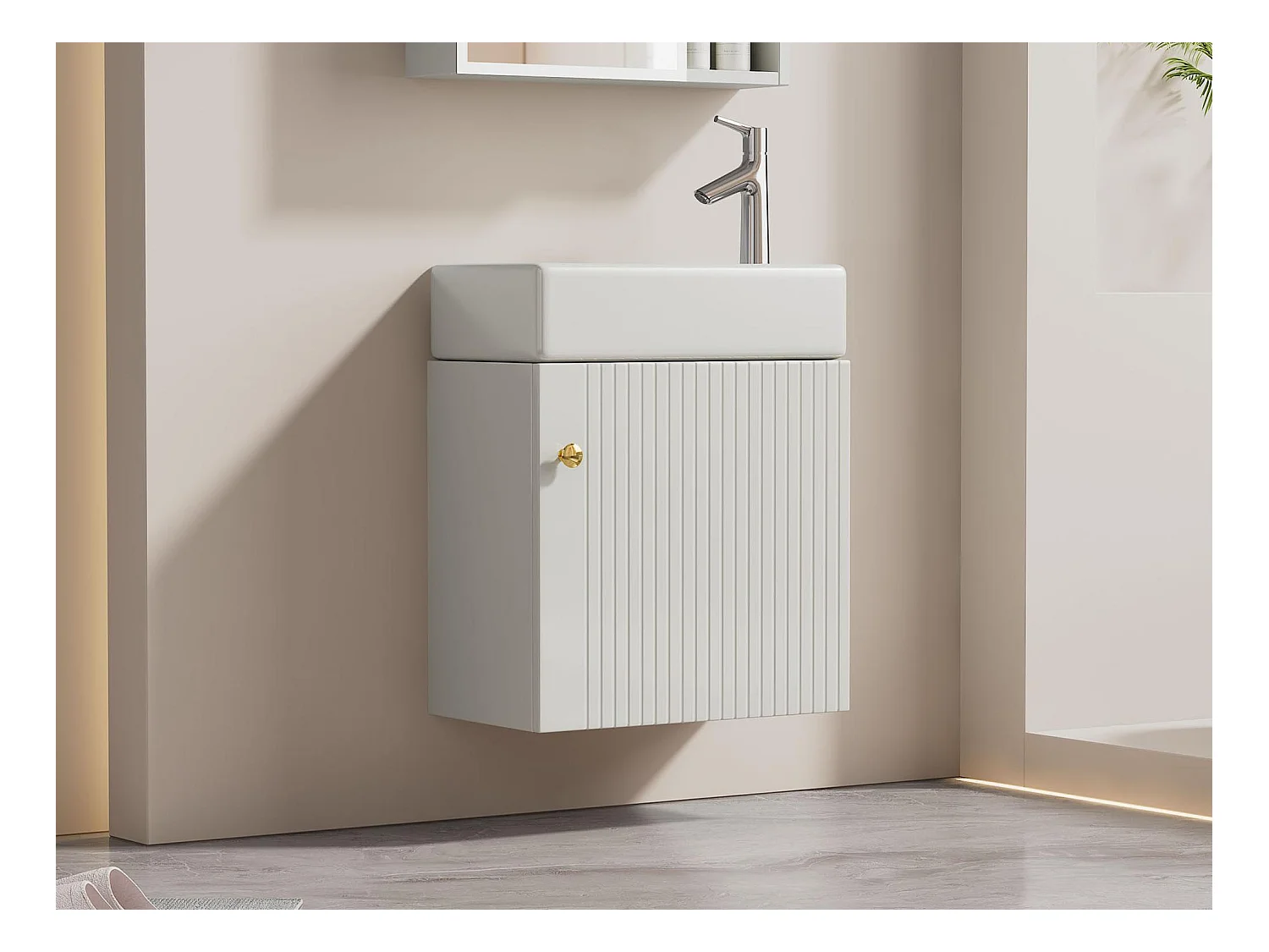 Meuble de salle de bain suspendu strié avec vasque carreé - 46 cm - Blanc(robinet non inclus)