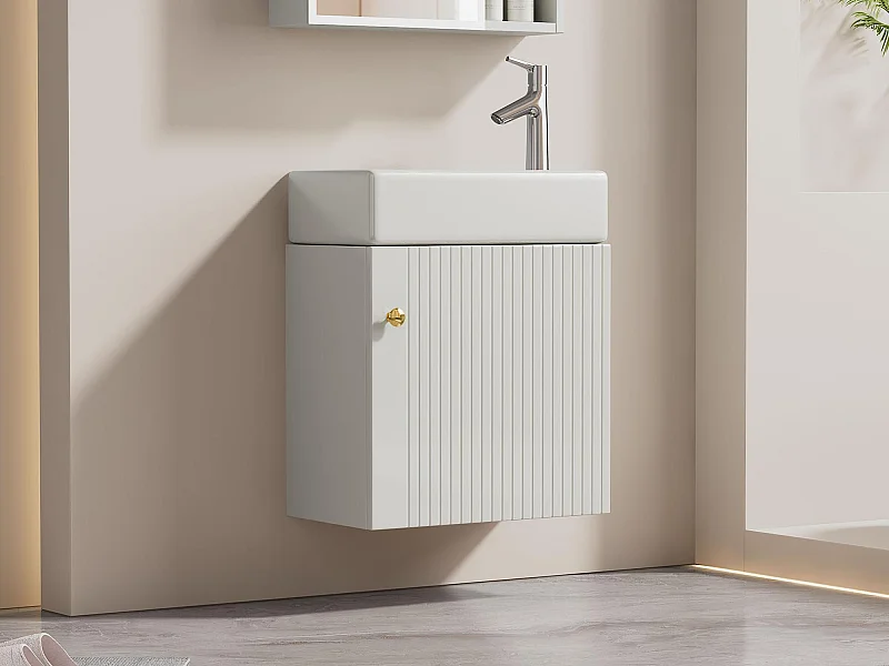 Meuble de salle de bain suspendu strié avec vasque carreé - 46 cm - Blanc(robinet non inclus)