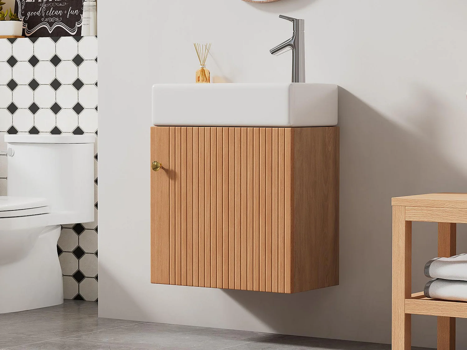 Meuble de salle de bain suspendu strié avec vasque carreé - 46 cm - Naturel(robinet non inclus)