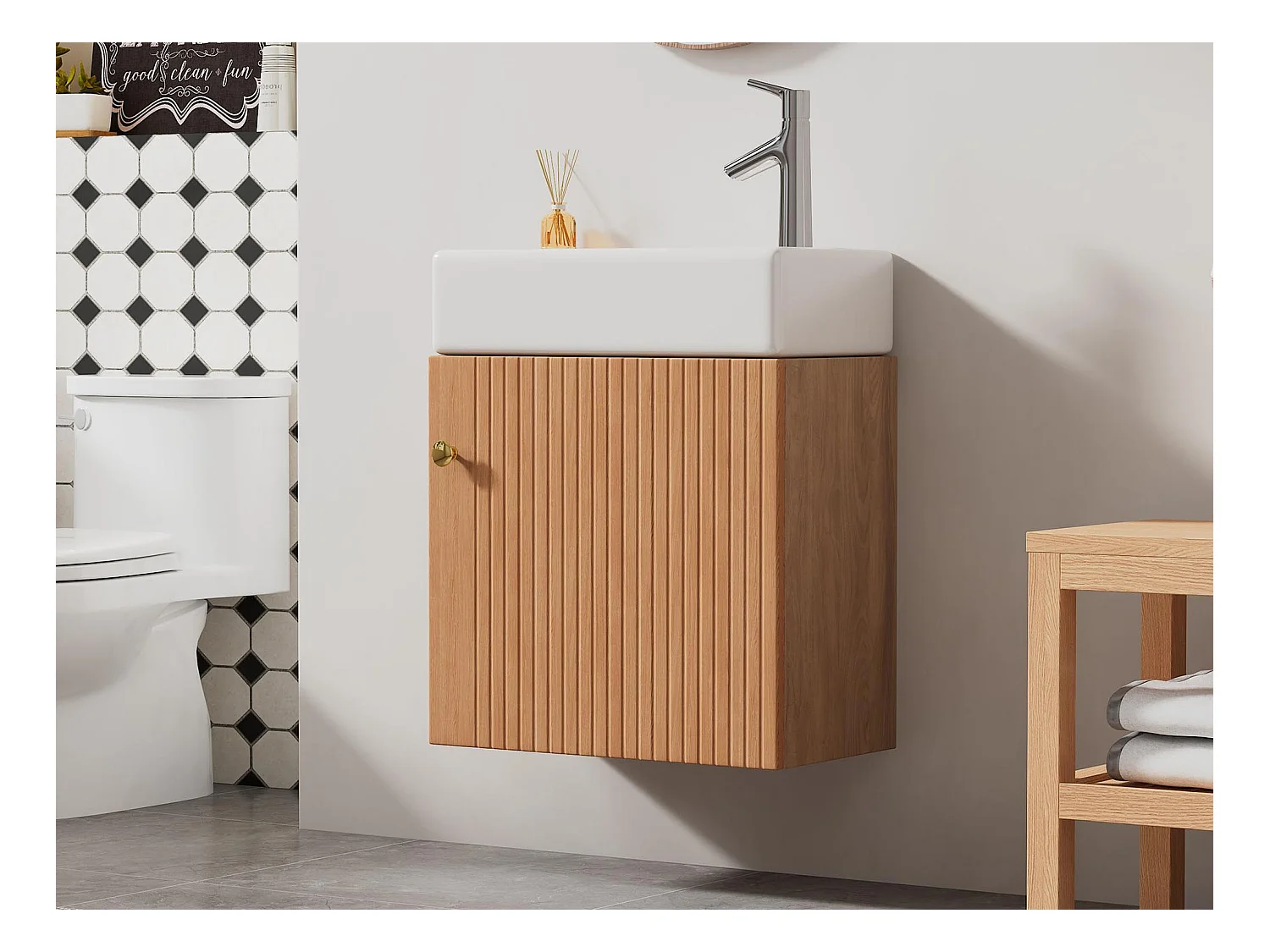 Meuble de salle de bain suspendu strié avec vasque carreé - 46 cm - Naturel(robinet non inclus)