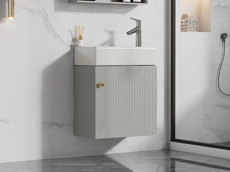 Wisząca szafka łazienkowa z rowkowanym frontem z kwadratową umywalką - 46 cm - Szary (bateria nie wchodzi w skład zestawu)