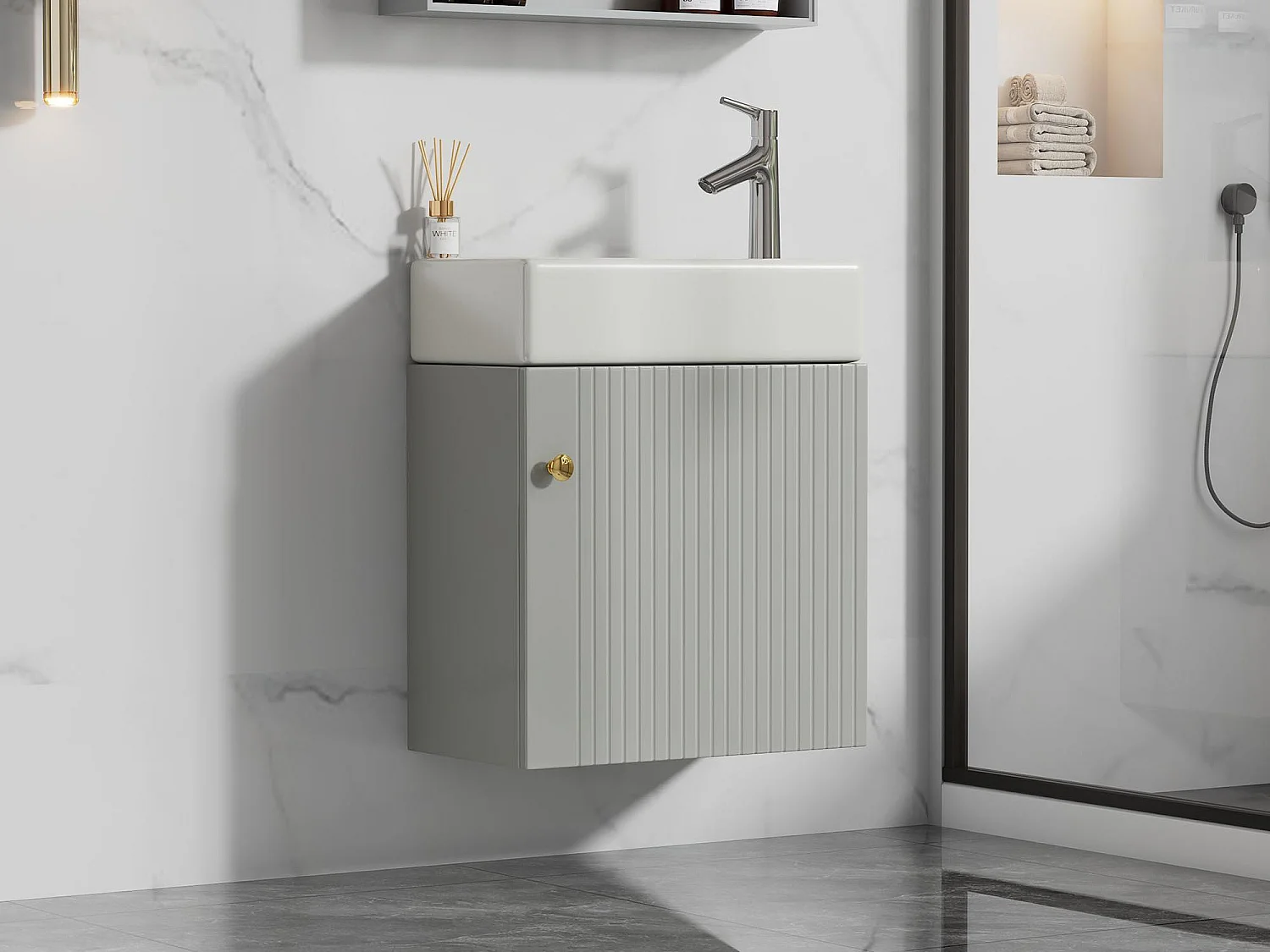 Wisząca szafka łazienkowa z rowkowanym frontem z kwadratową umywalką - 46 cm - Szary (bateria nie wchodzi w skład zestawu)