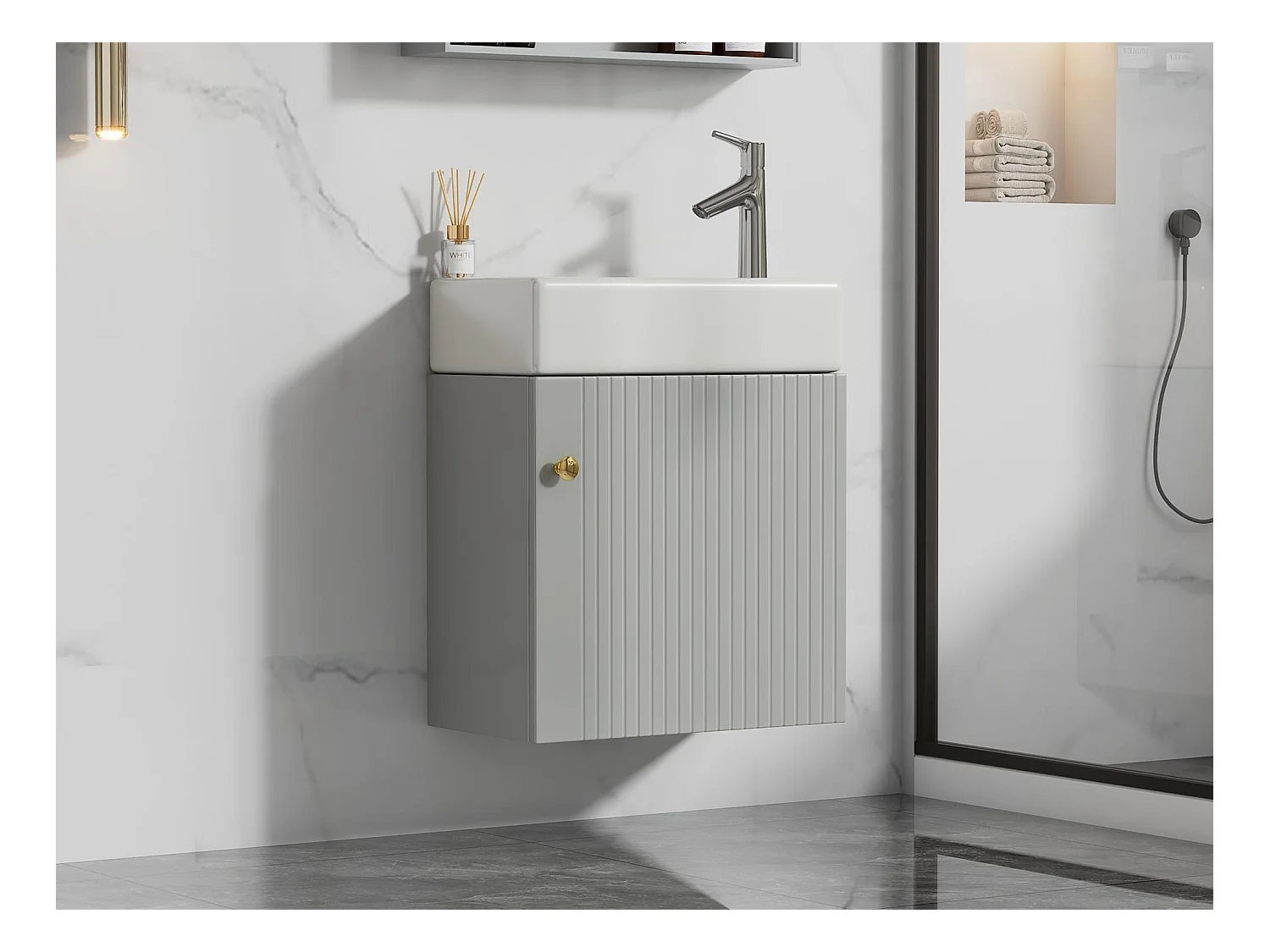 Meuble de salle de bain suspendu strié avec vasque carreé - 46 cm - Gris(robinet non inclus)
