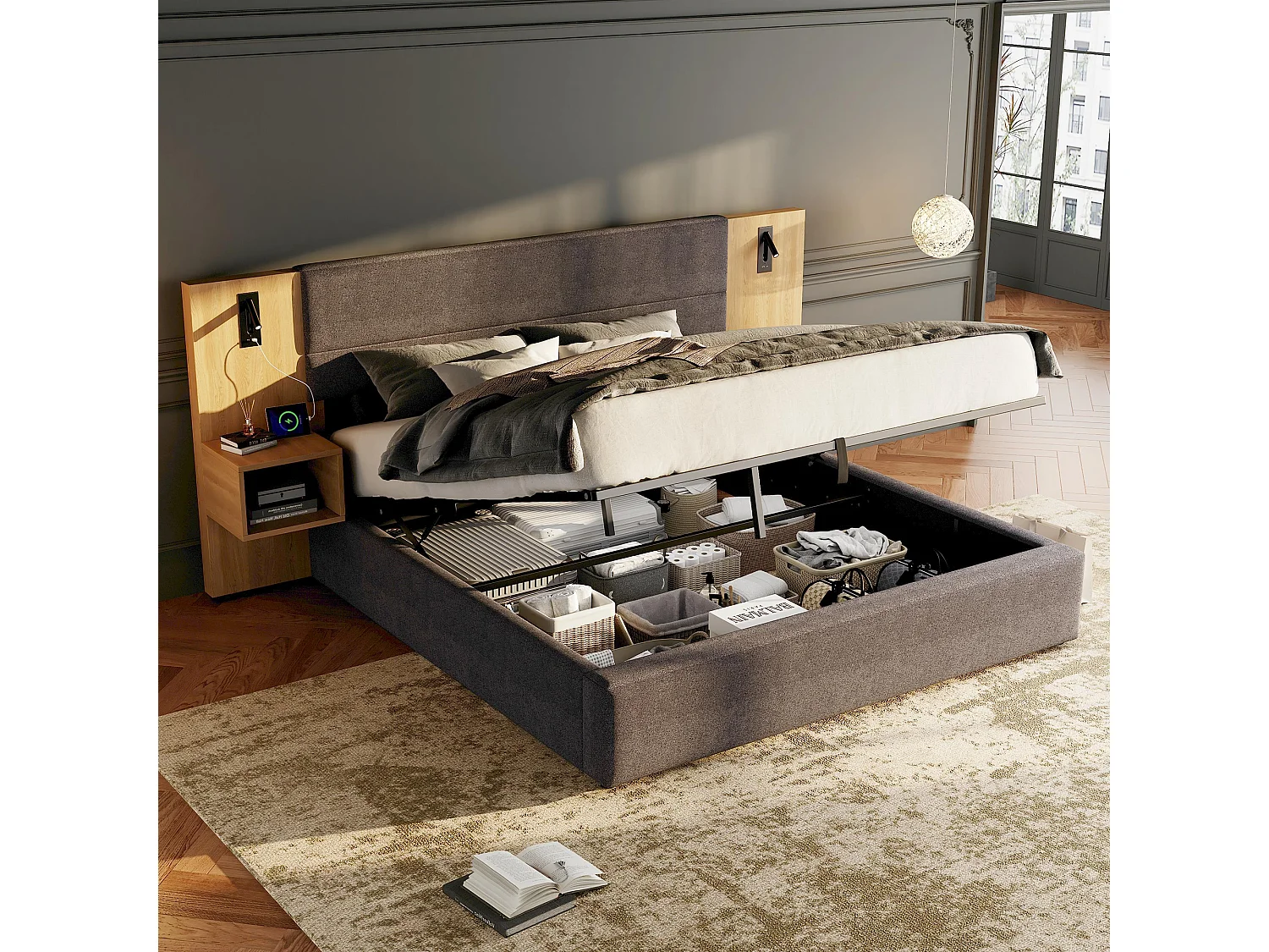 Lit coffre large 180x200 cm rembourré en velours - avec port USB et LED - 2 tables de chevet - Gris & Naturel