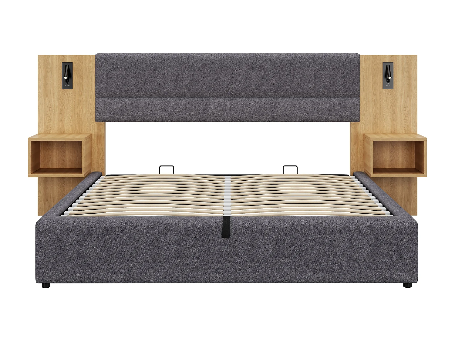 Lit coffre large 180x200 cm rembourré en velours - avec port USB et LED - 2 tables de chevet - Gris & Naturel