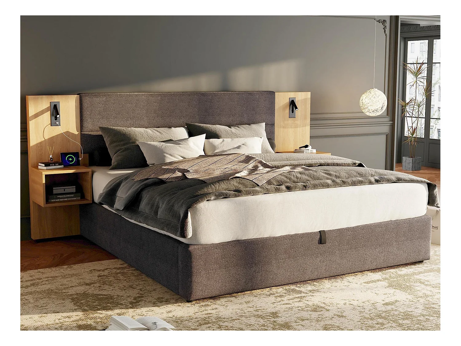 Lit coffre large 180x200 cm rembourré en velours - avec port USB et LED - 2 tables de chevet - Gris & Naturel