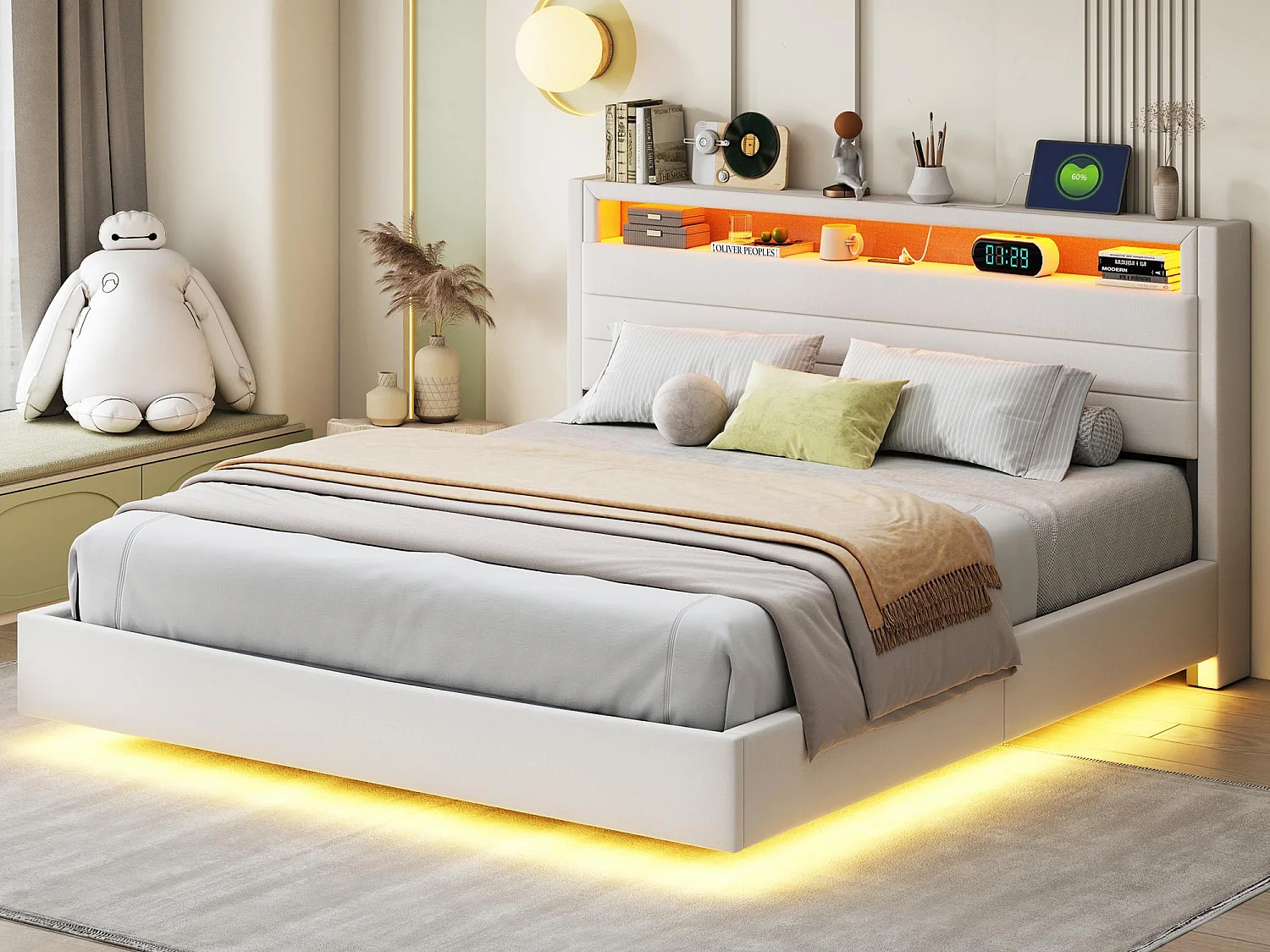 Lit coffre rembourré en lin 160x200 cm - avec prise USB et LED - Beige