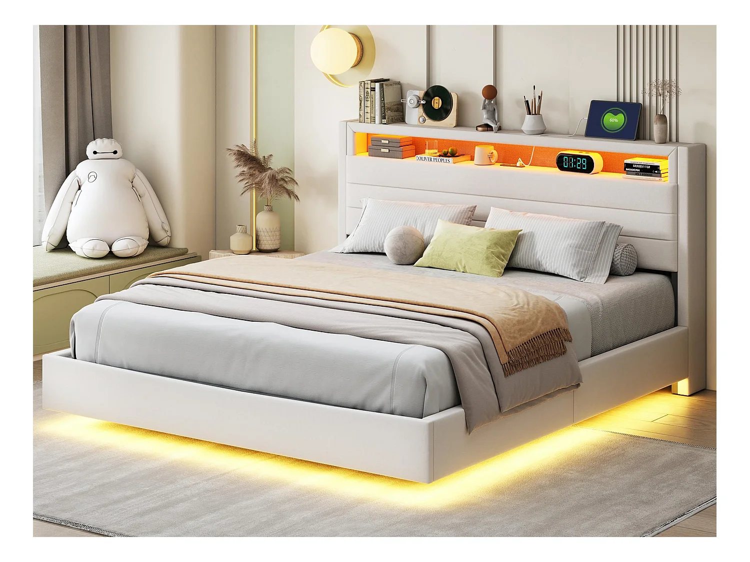 Lit coffre rembourré en lin 160x200 cm - avec prise USB et LED - Beige
