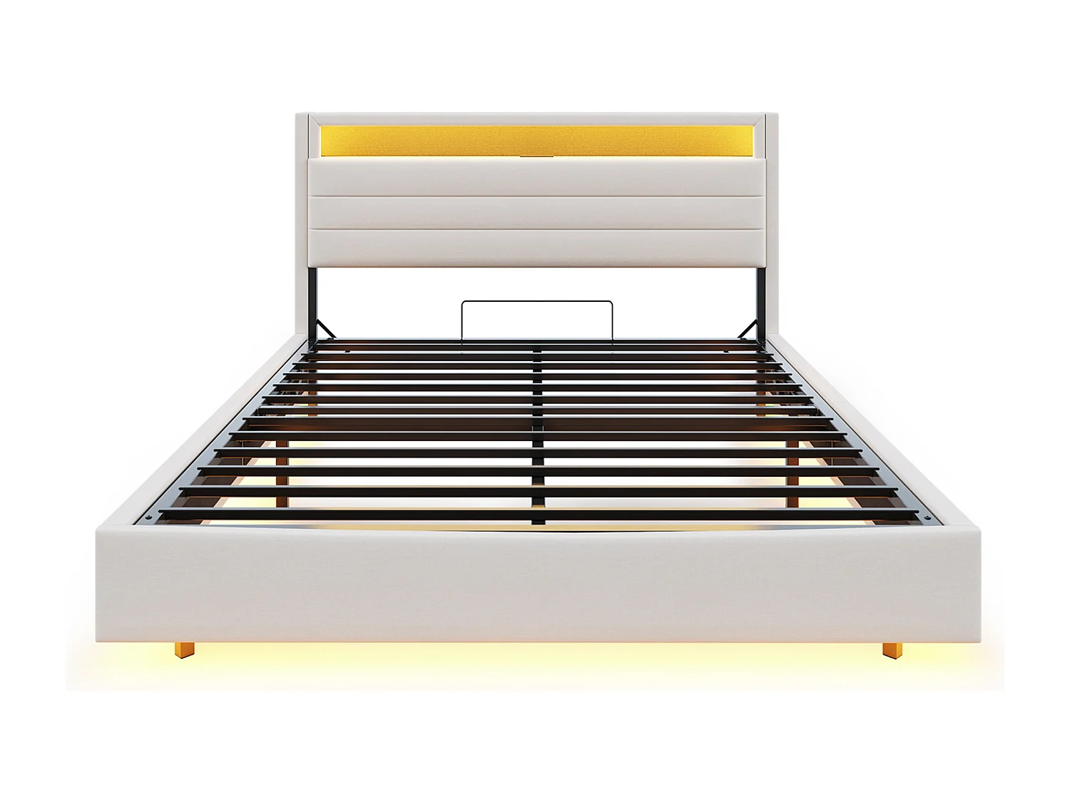 Lit coffre rembourré en lin 160x200 cm - avec prise USB et LED - Beige