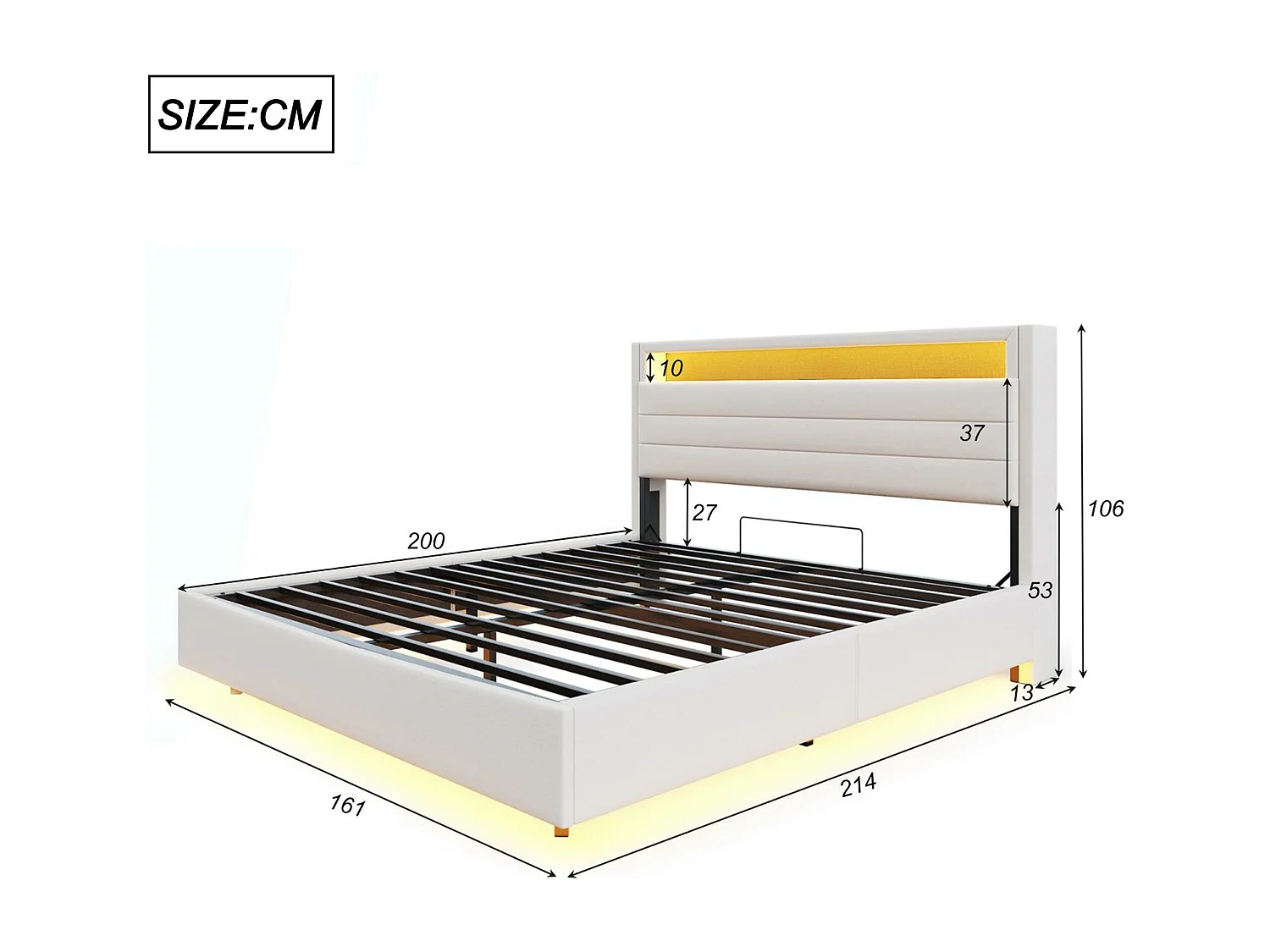 Lit coffre rembourré en lin 160x200 cm - avec prise USB et LED - Beige