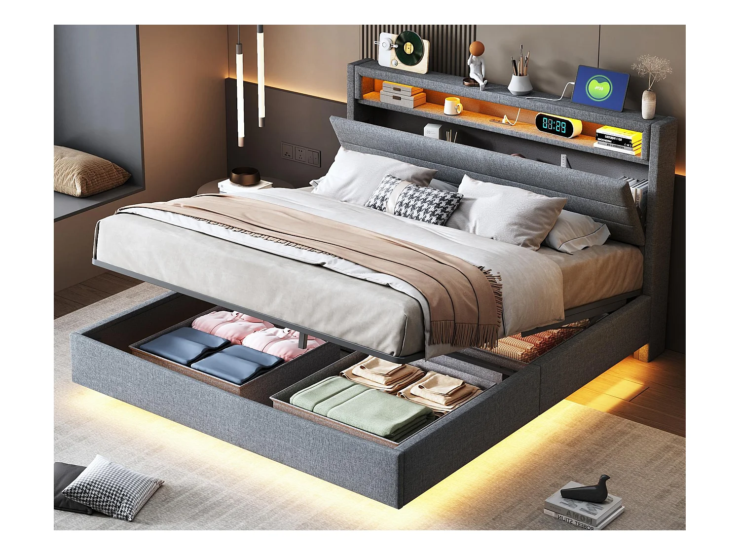 Lit coffre rembourré en lin 140x200 cm - avec prise USB et LED - Gris