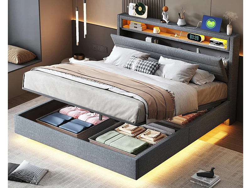 Gepolstertes Bett mit Stauraum aus Leinen, 140 x 200 cm – mit USB-Anschluss und LED – Grau