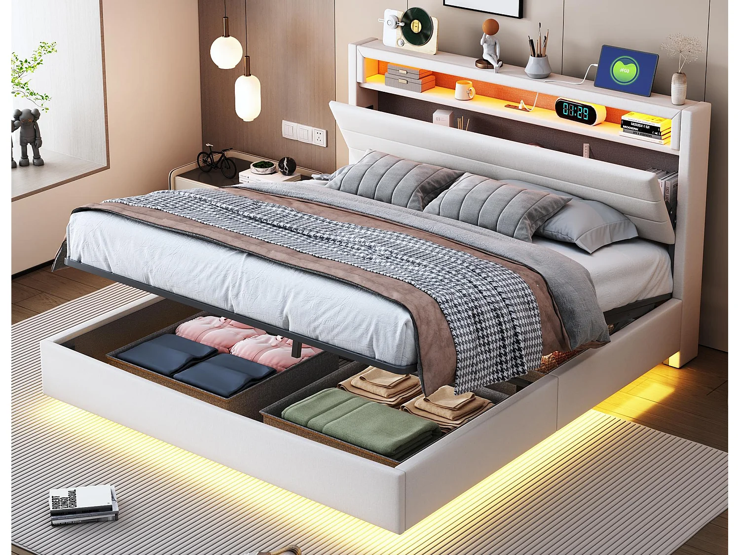 Gestoffeerd linnenopbergbed 140x200 cm - met USB-aansluiting en LED - Beige
