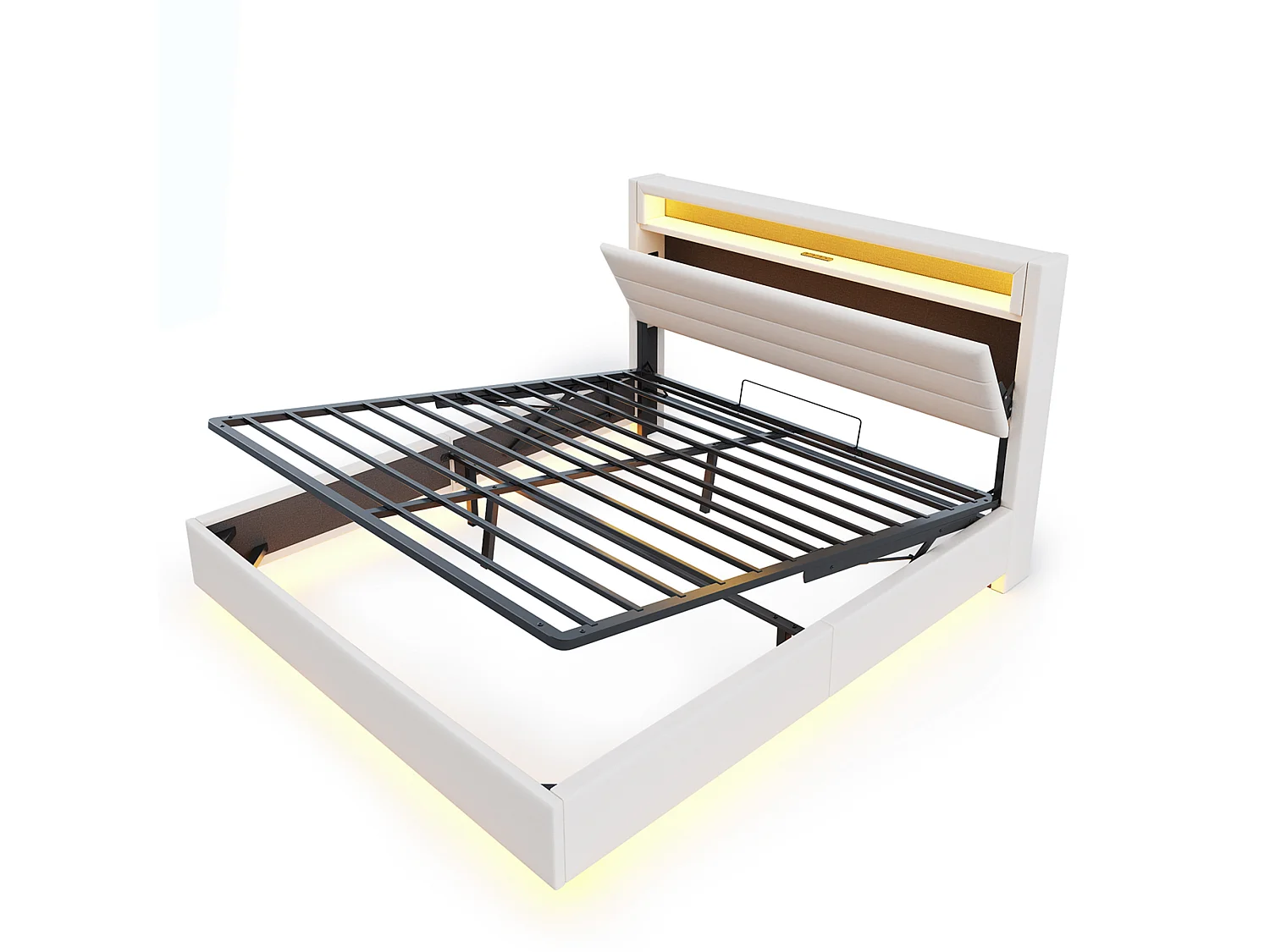 Gestoffeerd linnenopbergbed 140x200 cm - met USB-aansluiting en LED - Beige