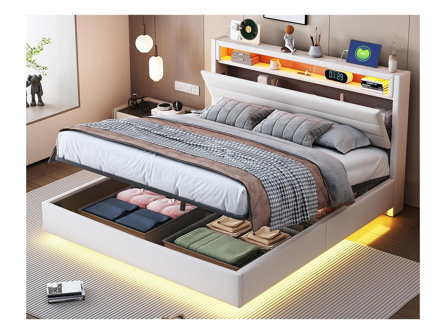 Lit coffre rembourré en lin 140x200 cm - avec prise USB et LED - Beige