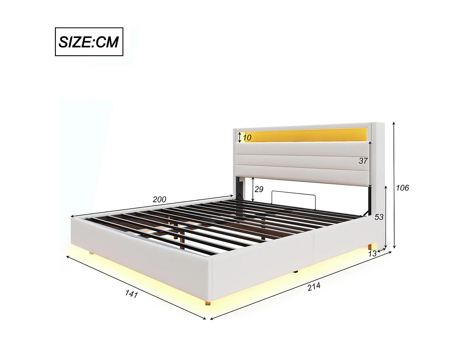 Gestoffeerd linnenopbergbed 140x200 cm - met USB-aansluiting en LED - Beige