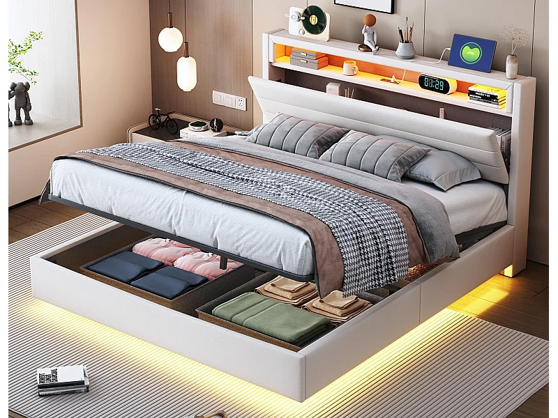 Łóżko z tapicerowanym zagłówkiem z lnu 140x200 cm - z gniazdem USB i LED - Beżowe