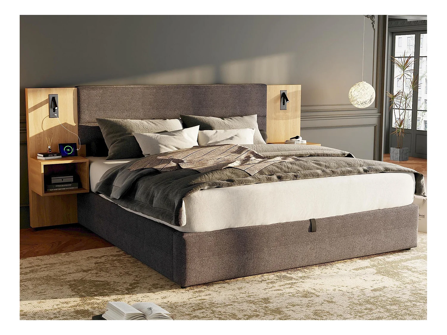 Lit coffre large 160x200 cm rembourré en velours - avec port USB et LED - 2 tables de chevet - Gris & Naturel