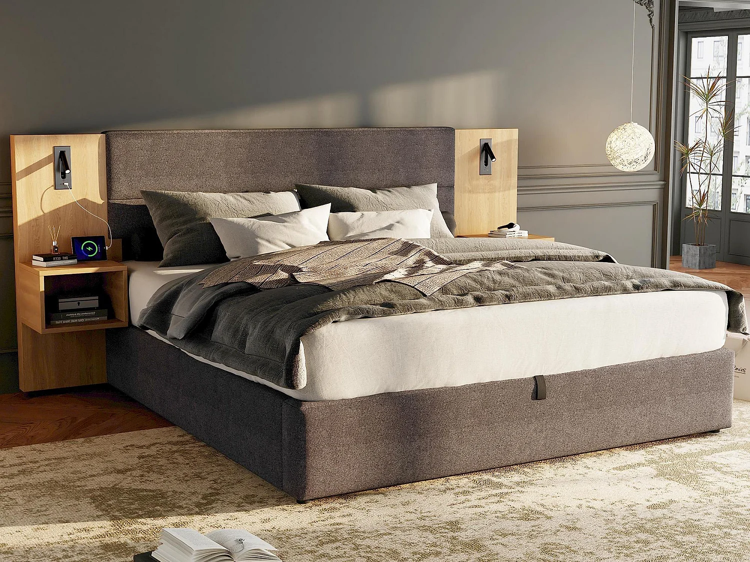 Lit coffre large 160x200 cm rembourré en velours - avec port USB et LED - 2 tables de chevet - Gris & Naturel