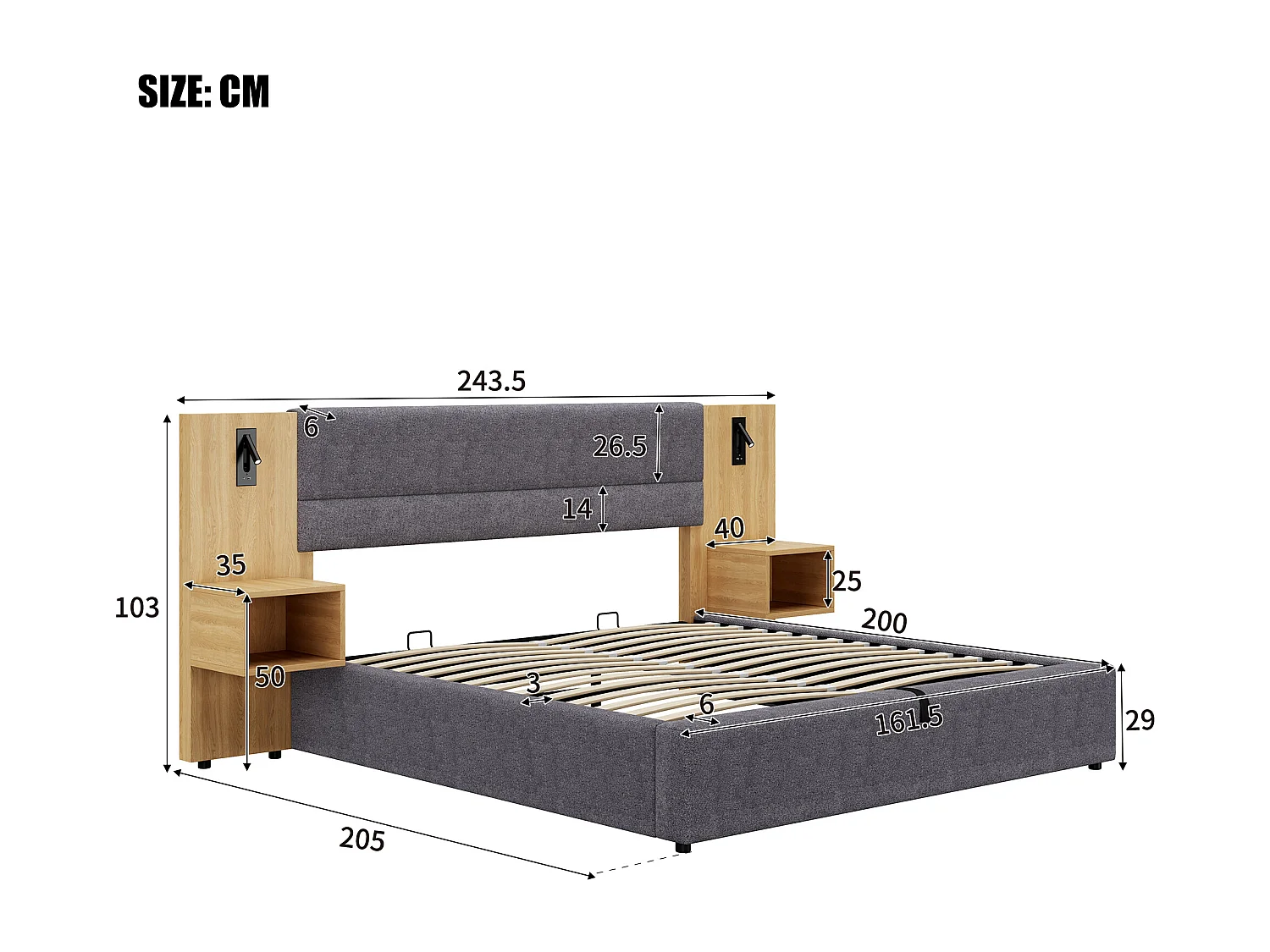 Lit coffre large 160x200 cm rembourré en velours - avec port USB et LED - 2 tables de chevet - Gris & Naturel