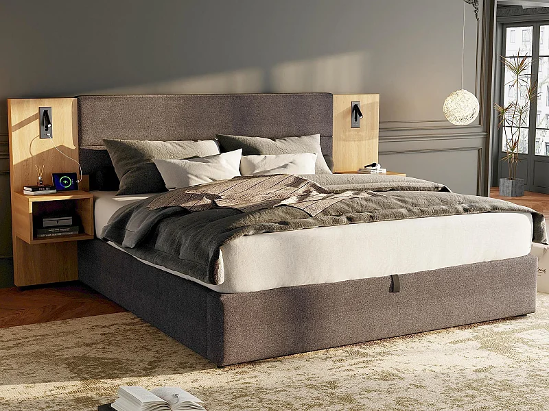 Ampio letto contenitore 160x200 cm imbottito in velluto - con porta USB e LED - 2 comodini - Grigio & Naturale