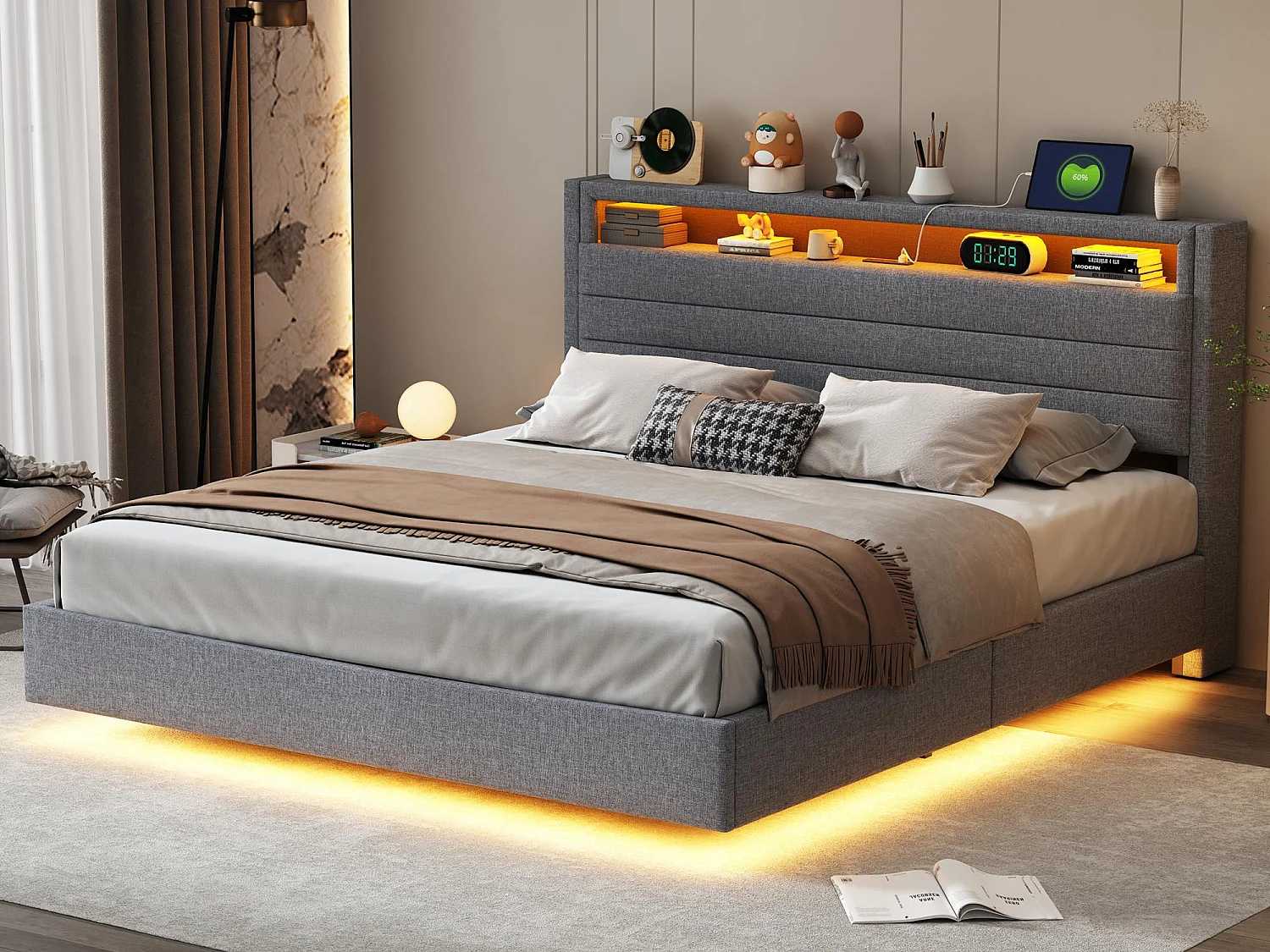 Cama estofada em linho 160x200 cm - com tomada USB e LED - Cinza