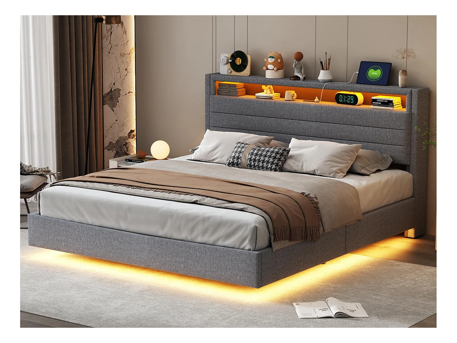 Lit coffre rembourré en lin 160x200 cm - avec prise USB et LED - Gris
