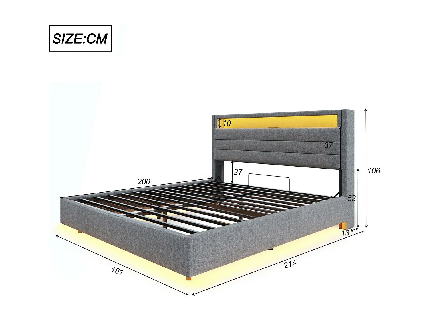 Lit coffre rembourré en lin 160x200 cm - avec prise USB et LED - Gris