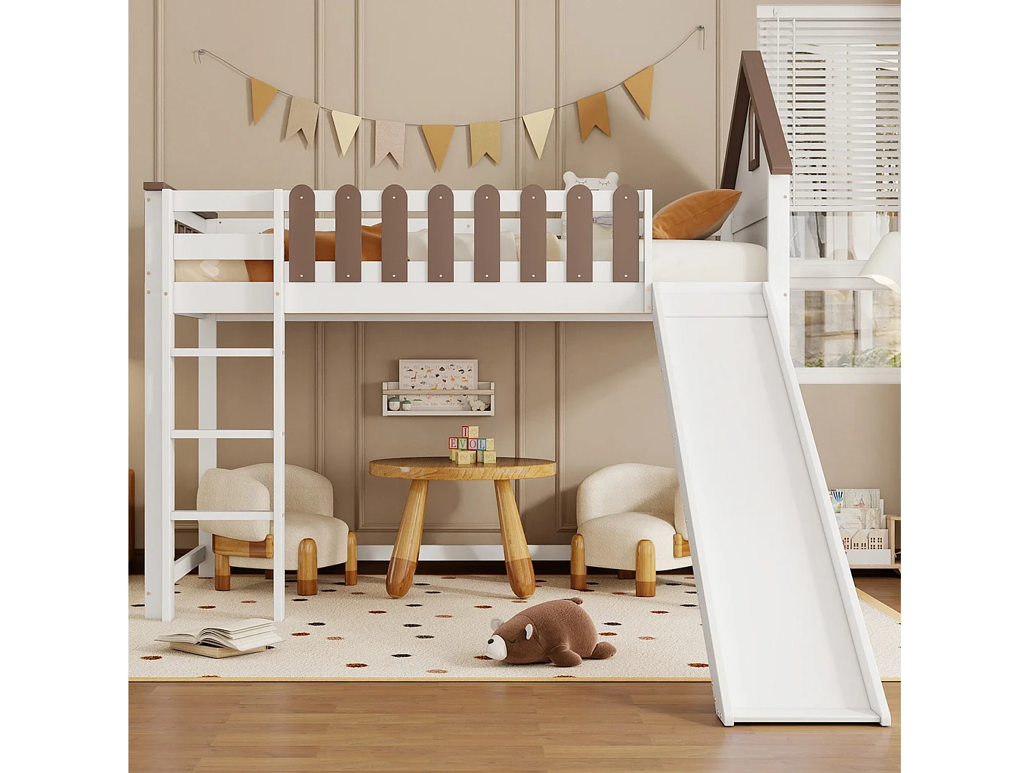 Lit mezzanine 90x200 cm avec échelle et toboggan - en bois de pin et MDF - Blanc & Marron